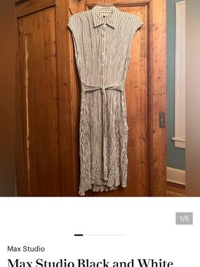 Max Studio Striped Black and White Maxi Shirt Dress with Tie Waist